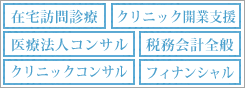 在宅訪問診療、クリニック開業支援、医療法人コンサル、税務会計全般、クリニックコンサル、フィナンシャル